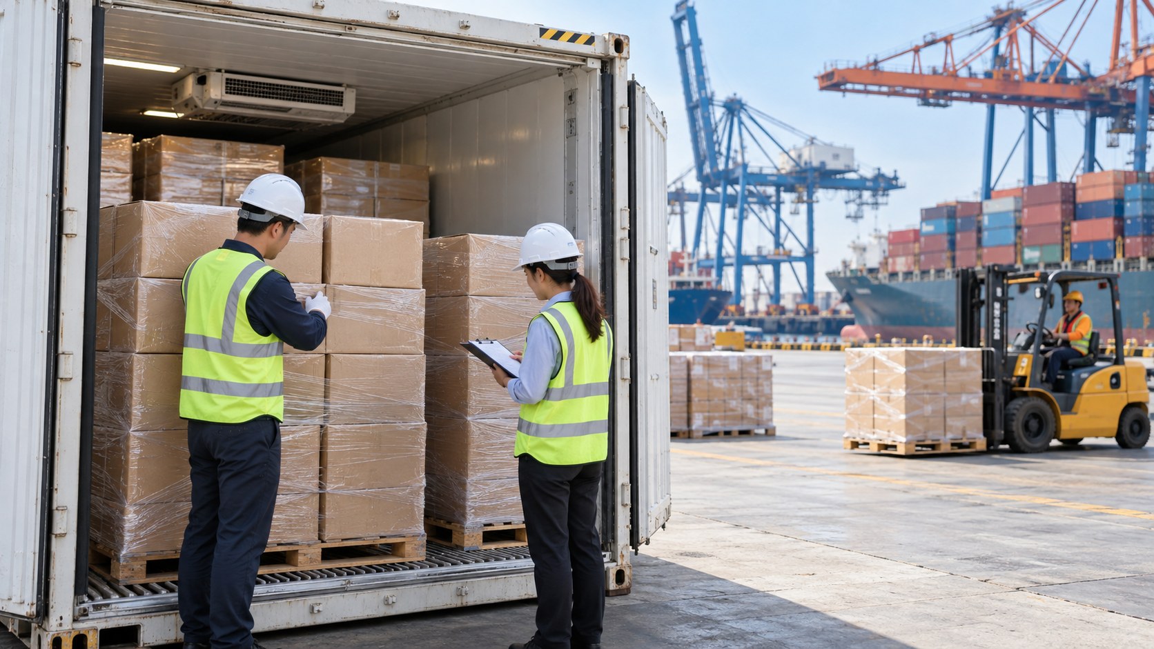Minh họa kiểm tra các kiện hàng trong container lạnh tại cảng biển